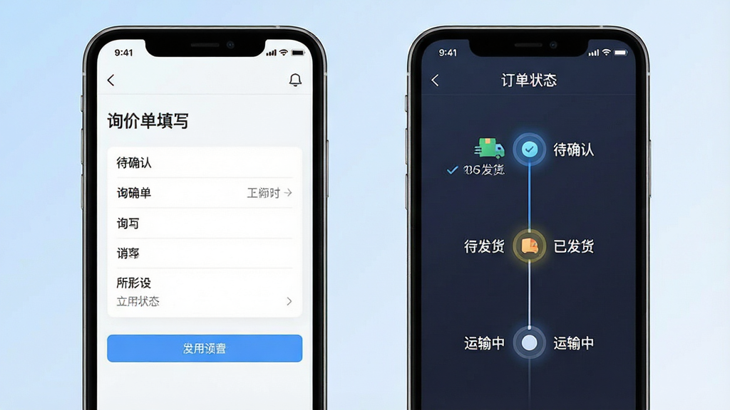 一张展示询价报价与订单流程的手机界面图,画面为两部手机并排,左侧手机显示询价单填写页面,右侧手机显示订单状态时间轴,时间轴上标注“待确认”“已发货”“运输中”三个节点;布局为左右对称展示;风格为现代商务UI插画,细节上时间轴节点有高亮圆点,背景为淡蓝色渐变;画质清晰,画面干净