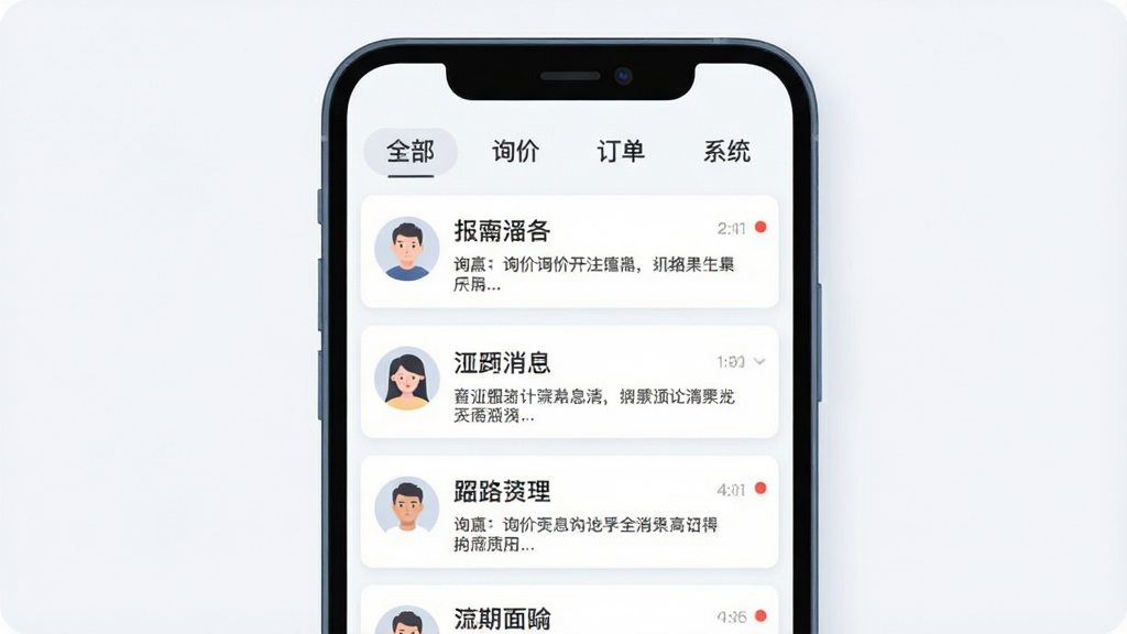 一张展示消息中心界面的手机示意图,画面为手机屏幕特写,消息列表按时间排列,每条消息带有头像、标题和简短摘要,顶部有“全部”“询价”“订单”“系统”四个分类标签;布局为手机居中、消息卡片纵向排列;风格为简约的浅色UI插画,细节上未读消息有小红点提示,背景干净;画质清晰,画面整洁