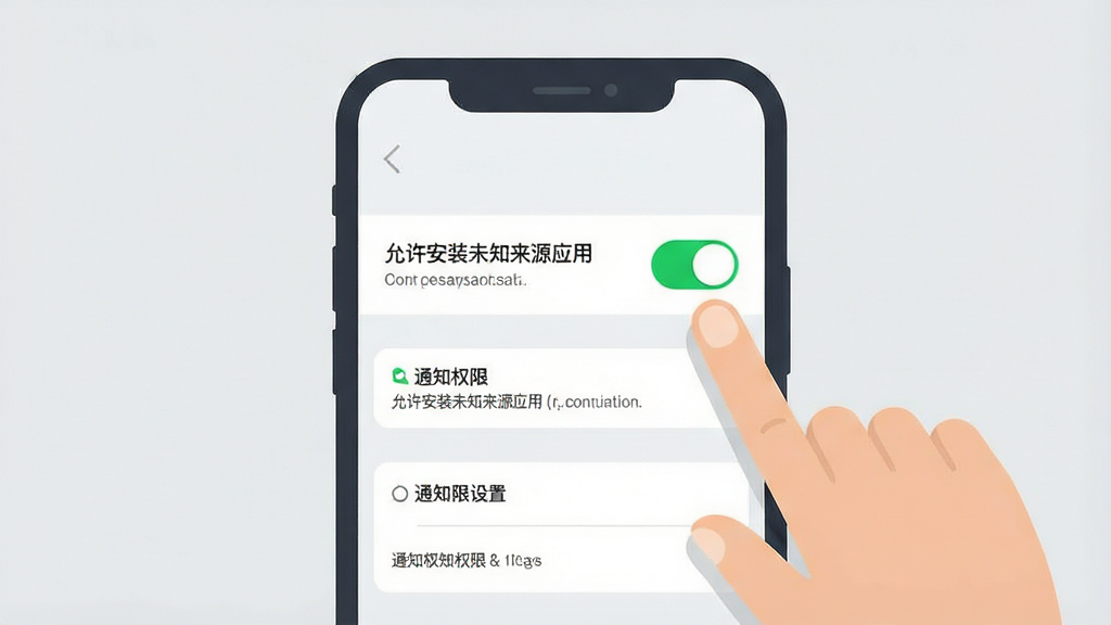 一张表现手机应用安装与权限设置的示意图,画面为手机屏幕特写,屏幕上显示“允许安装未知来源应用”的开关和通知权限设置项,旁边有手指点击的示意;布局为手机居中、设置项以列表呈现;风格为简洁的扁平化插画,细节上开关有绿色高亮,背景为浅灰;画质清晰,画面干净,无多余元素