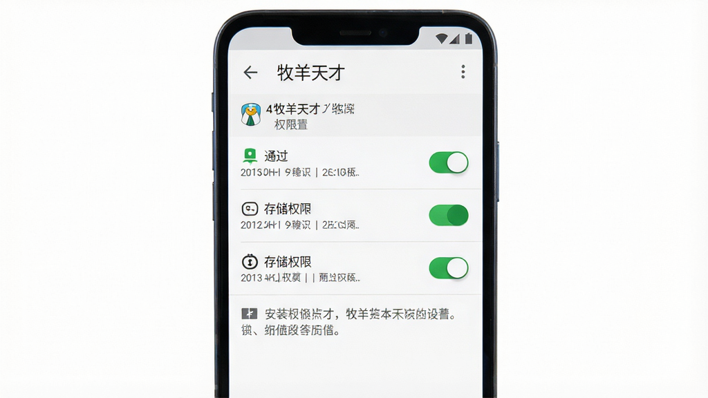 画面主体为一部安卓手机屏幕显示“牧羊天才”安装权限设置界面,布局为手机居中,屏幕内展示权限开关列表;排版简洁,风格为扁平化系统界面风格,配色为白色背景与绿色开关高亮;细节包括通知权限、存储权限开关图标、提示文字区域;画质清晰,干净无多余元素