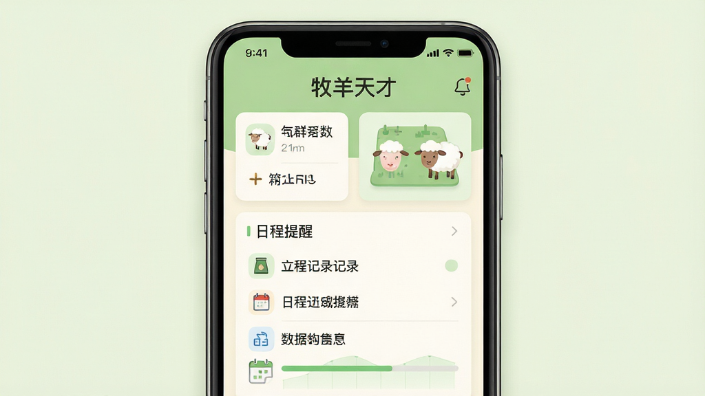 画面主体为一款名为“牧羊天才”的手机应用界面展示,布局采用居中构图,手机屏幕内显示牧场管理仪表盘,包含羊群数量统计卡片、日程提醒列表与数据图表;排版清晰分层,上方为应用名称“牧羊天才”标题;风格为现代扁平化UI设计,浅绿色与米白色为主色调;细节包括羊群图标、饲料记录图标、日历标记与进度条;画质高清,干净简洁,无多余装饰元素