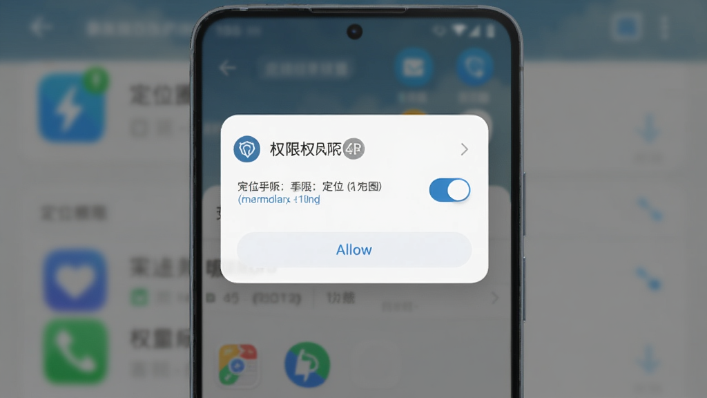 充电圈安卓手机安装与权限设置示意图,主体为手机屏幕中的权限授权弹窗界面,布局为弹窗居中加背景模糊的应用界面,排版简洁清晰,风格为系统原生设置界面风格,细节包含定位权限开关、允许按钮、应用图标,画质高清干净无多余元素