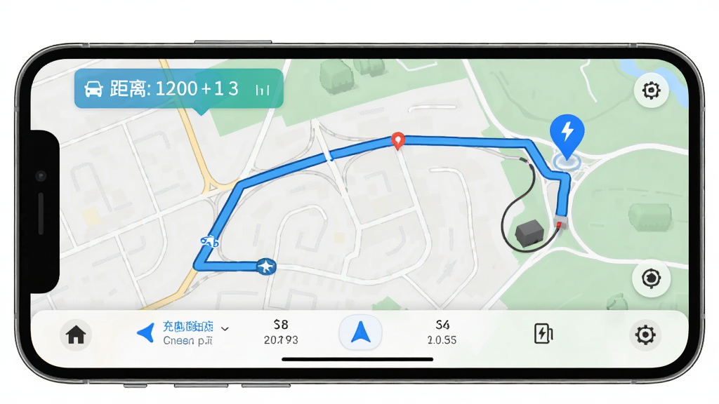 充电圈站点导航功能展示,主体为手机导航界面中前往充电站的路线规划画面,布局为地图路线为主加底部导航信息条,排版全屏地图结构,风格为现代导航界面风格,细节包含蓝色路线、充电站终点标记、距离时间信息,画质高清干净无多余元素