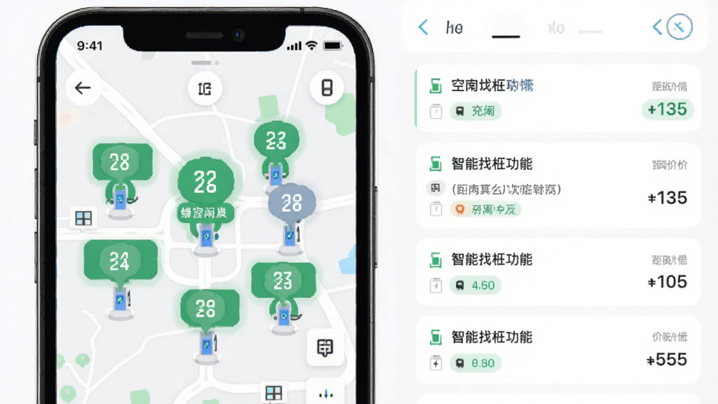 充电圈智能找桩功能展示,主体为手机地图界面中多个充电站标记点聚合展示,布局为地图为主视觉加侧边筛选面板,排版左图右列表,风格为清爽扁平化设计,细节包含空闲桩数字气泡、距离标签、价格标识,画质清晰干净无多余元素