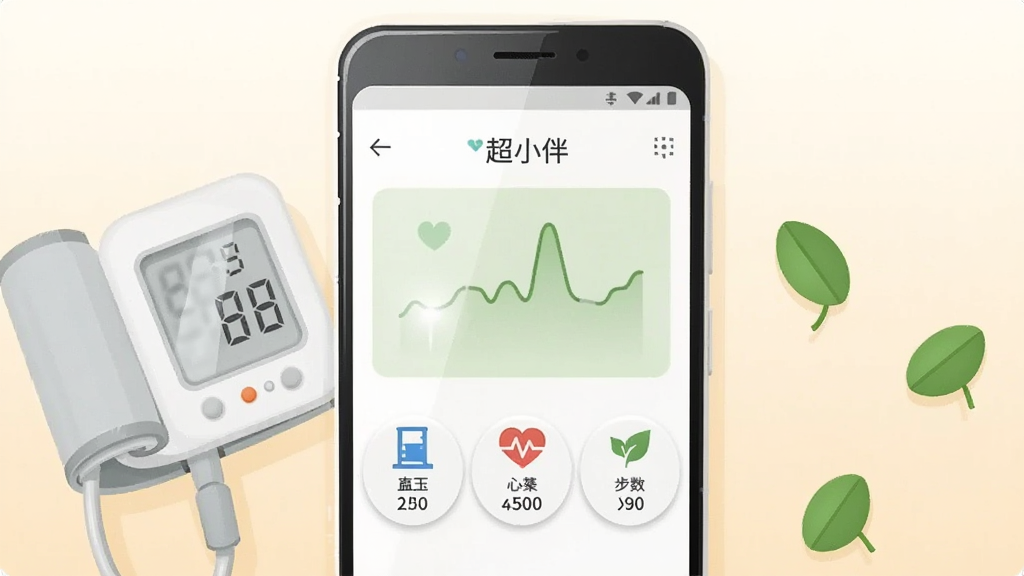 画面中央放置一部安卓手机,手机屏幕显示简洁的健康数据仪表盘界面,顶部有