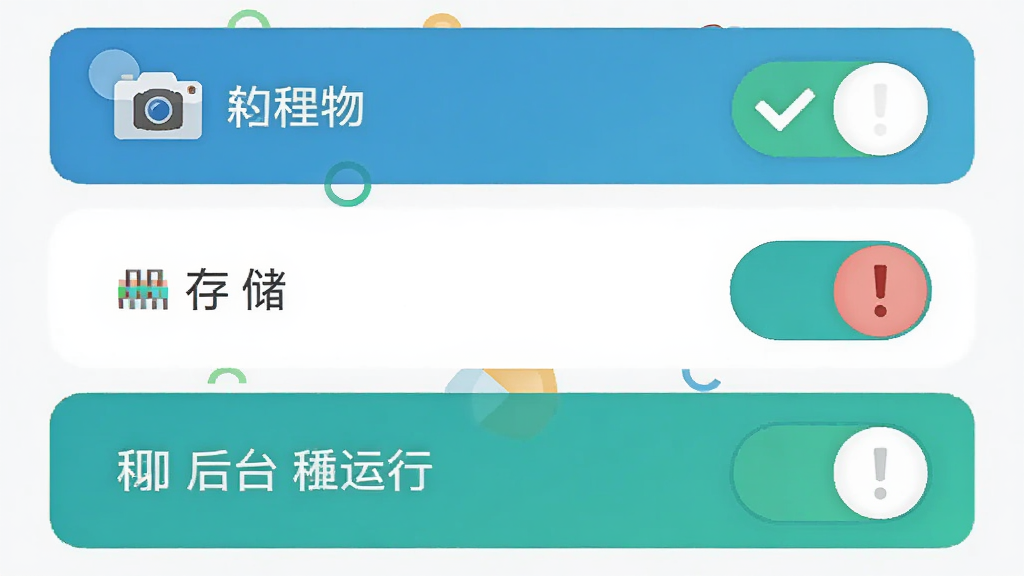 手机设置界面截图风格插画,画面展示行色识物应用权限管理页面,包含相机、存储、后台运行三个开关选项,旁边配有对勾与感叹号图标提示,整体采用扁平化设计风格,布局为纵向列表排版,细节包含开关高光、文字标签清晰、配色以蓝绿为主,画质高清干净,无多余装饰元素