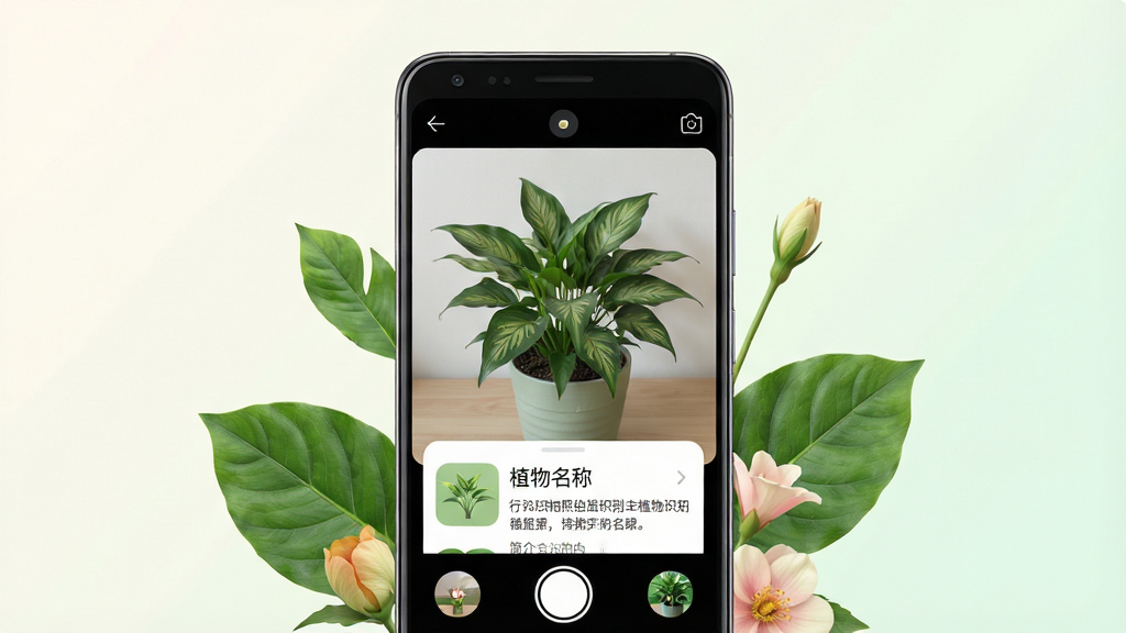 一款手机应用界面展示,画面中央是一部竖屏安卓手机,屏幕上显示行色识物拍照识别界面,相机取景框对准一盆绿色植物,下方弹出识别结果卡片,写有植物名称与简介文字,手机周围点缀几片绿叶与花朵元素,背景为浅色渐变,整体风格清新简洁,布局为居中对称排版,细节包括手机边框高光、图标圆角、文字清晰可读,画质高清干净,无多余元素