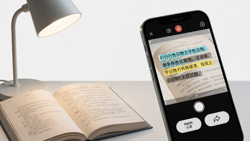 手机屏幕展示行色识物文字提取功能,取景框对准一本翻开的书页,识别后文字以高亮框选形式呈现在屏幕上,下方出现复制与分享按钮,画面采用斜侧视角,手机置于画面右侧,书本与台灯位于左侧,风格现代简约,细节包含纸张纹理、屏幕文字清晰、按钮图标精致,画质高清,背景干净