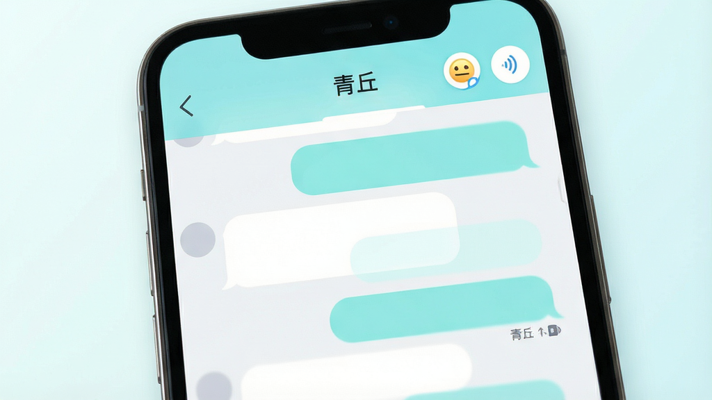 一张即时聊天功能展示图,画面为手机屏幕特写,聊天界面中显示多条对话气泡,气泡颜色为淡青与白色,顶部标注“青丘”名称,旁边有表情与语音按钮图标,背景为浅色渐变,风格清爽现代,细节丰富,画质干净,无多余元素