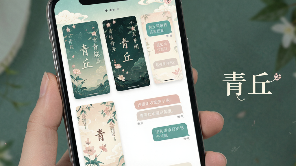 一张个性化装扮功能展示图,画面为手机界面中展示多款主题皮肤与聊天气泡预览,配色以青绿、米白、淡粉为主,界面布局整齐,旁边有“青丘”标识,风格雅致清新,细节清晰,画质干净,无多余元素