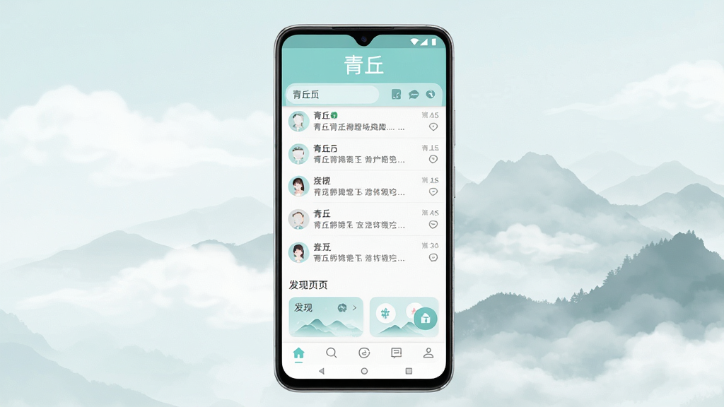 一张手机应用界面展示图,画面中央是一部竖屏安卓手机,屏幕上显示青丘应用的主界面,顶部有“青丘”字样,界面采用淡青色与白色搭配,包含聊天列表、发现页入口和底部导航栏,背景为柔和的云雾与远山剪影,风格清新简洁,细节清晰,画质干净,无多余元素