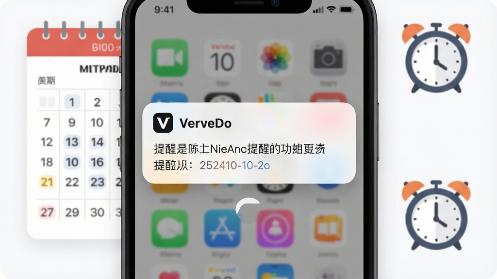 一张表现VerveDo智能提醒功能的AI生图,画面主体为一部手机屏幕弹出提醒通知的界面,通知框内显示“VerveDo”标识与任务提醒文字,背景中有日历网格与闹钟图标作为点缀,布局以手机为中心居中展示,风格现代扁平化,细节上通知卡片带有圆角与柔和投影,画质清晰干净,无多余元素