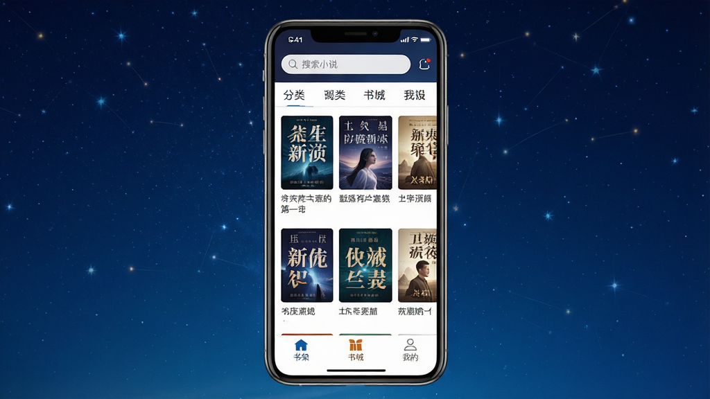 一张展示星空免费小说APP主界面的竖版手机截图风格图片,画面中央是手机屏幕,屏幕内显示书架页面,顶部有搜索栏和分类标签,中部排列着多本小说封面,底部有书架、书城、我的等导航按钮,背景为深蓝色星空渐变,风格简洁现代,细节清晰,画质干净,无多余元素
