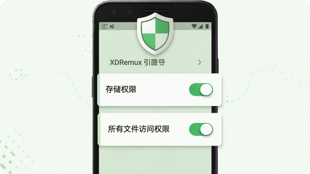 ��������Ϊһ����׿�ֻ�����Ļ��ʾ XDRemux ��Ȩ�������������棬�������Կ�Ƭ��ʽ�г����洢Ȩ�ޡ��������ļ�����Ȩ�ޡ����ÿ���Ҳ���п��ذ�ť������Ϊ����Ƭ�б����ֻ��Ϸ�����һ������ͼ�ꣻ���Ϊ���İ�ȫ��ʾ��廭�磬��ɫ�԰�ɫ��ǳ��ɫΪ����ϸ���Ͽ��ذ�ťΪ��ɫ����״̬����Ƭ������΢��Ӱ������Ϊ2K���壬����ɾ����޶���Ԫ��