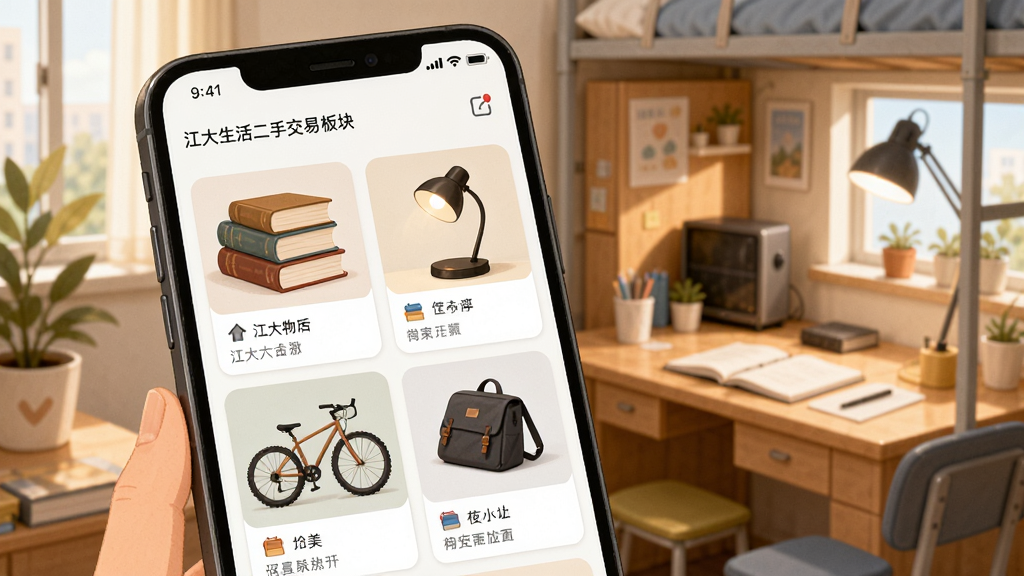 江大生活二手交易板块界面展示图,画面主体为手机屏幕中显示闲置物品列表,包含书籍、台灯、自行车等物品卡片,背景为校园宿舍桌面场景,风格为温暖清新的插画,细节清晰,画质干净,无多余装饰