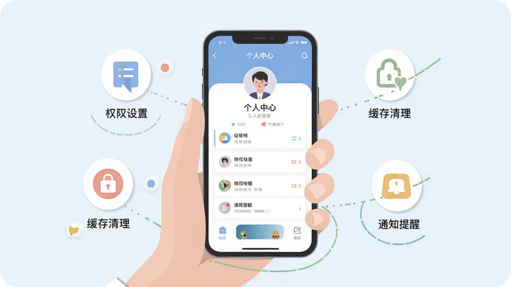 江大生活移动端使用场景插画,画面主体为一只手握持手机,屏幕显示应用个人中心页面,周围环绕权限设置、缓存清理、通知提醒等小图标,风格为简洁扁平插画,色彩柔和,细节清晰,画质干净,无多余元素