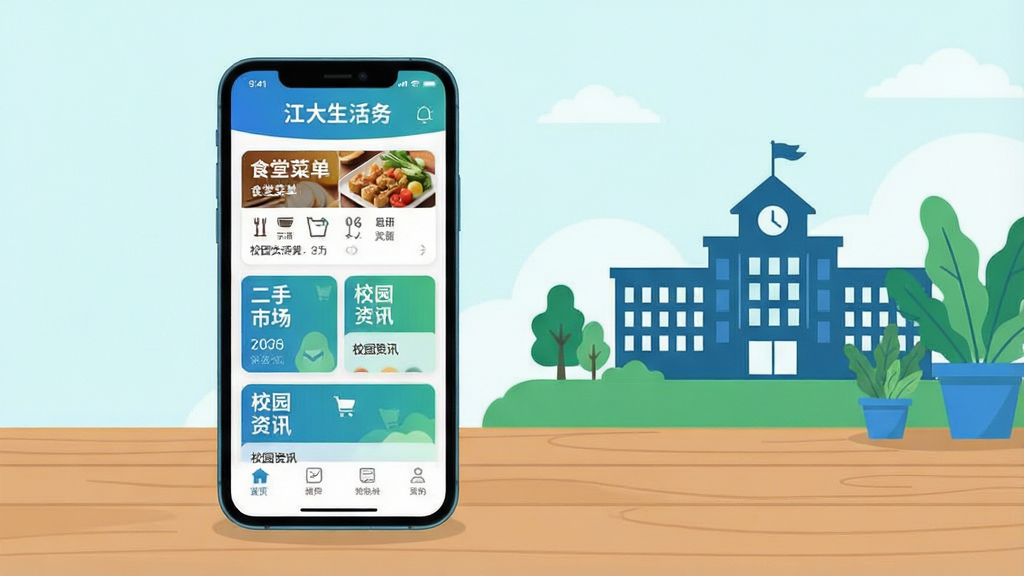一张展示江大生活手机应用界面的场景图,主体是一部竖屏手机放置在木质桌面上,屏幕内呈现校园生活服务首页,包含食堂菜单、二手市场、校园资讯等卡片式布局,画面右侧搭配校园建筑剪影与绿植装饰,整体采用清新明亮的扁平化插画风格,色彩以蓝绿为主,细节干净整洁,画质清晰,无多余元素
