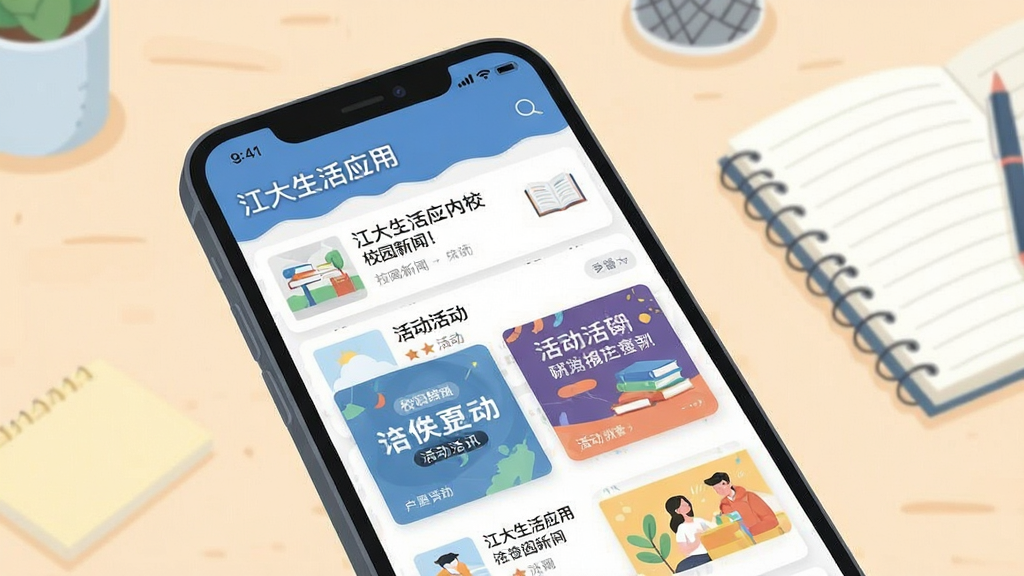 江大生活应用内校园资讯页面展示图,画面主体为手机屏幕特写,屏幕中显示校园新闻列表与活动海报卡片,背景为浅色书桌与笔记本,风格为清爽扁平插画,细节突出信息卡片层次,画质干净清晰