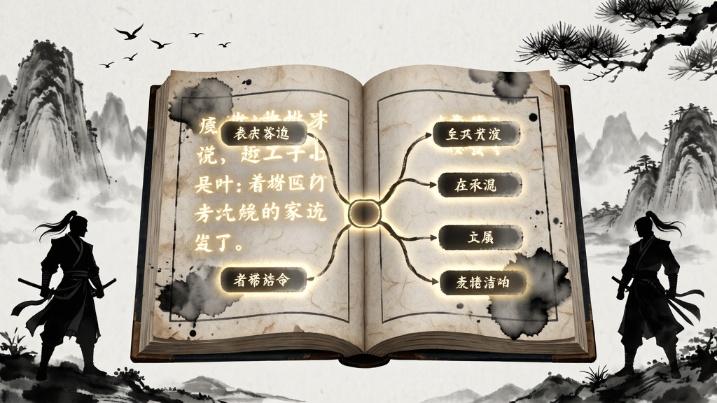 画面主体为一本展开的古籍书册,书页上浮现出发光的文字段落与分支选项按钮,布局为书册居中、四周环绕水墨山水与侠客剪影,排版上文字区域清晰可见,风格为古风水墨数字插画,细节包括纸张纤维质感、墨迹晕开效果、远处飞鸟与松枝点缀,画质干净清晰,无杂乱元素