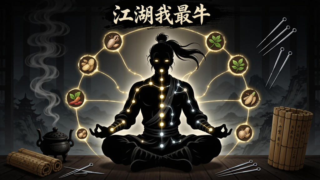 画面主体为一个打坐修炼的侠客剪影,身体周围分布着发光的人体穴位点位与草药图标,布局为人物居中、穴位点环绕四周呈环状排列,排版上顶部写有“江湖我最牛”小字标识,风格为东方玄幻插画,细节包括经脉光线、药炉烟雾、竹简与银针元素,画质清晰干净,无多余装饰