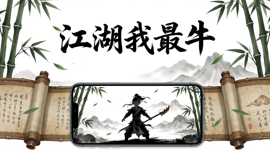 画面主体为一款手机屏幕,屏幕中展示文字武侠游戏界面,左右两侧有古风卷轴与竹林元素环绕,布局为居中对称式构图,排版上手机位于画面中央偏下,上方留白处用毛笔字体写有“江湖我最牛”五个字,风格为古风武侠插画,细节包括卷轴纹理、竹叶飘落、远山剪影与淡墨晕染,画质清晰干净,无多余装饰元素