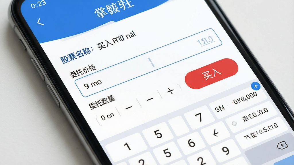 一张证券交易下单界面示意图,主体为手机屏幕特写,画面中央是掌证宝App的买入委托面板,包含股票名称、委托价格输入框、委托数量选择器与买入按钮,布局采用上下分层排版,风格简洁商务,配色为白底蓝字配红色操作按钮,细节上体现数字键盘与价格档位列表,画质清晰,干净,无多余元素