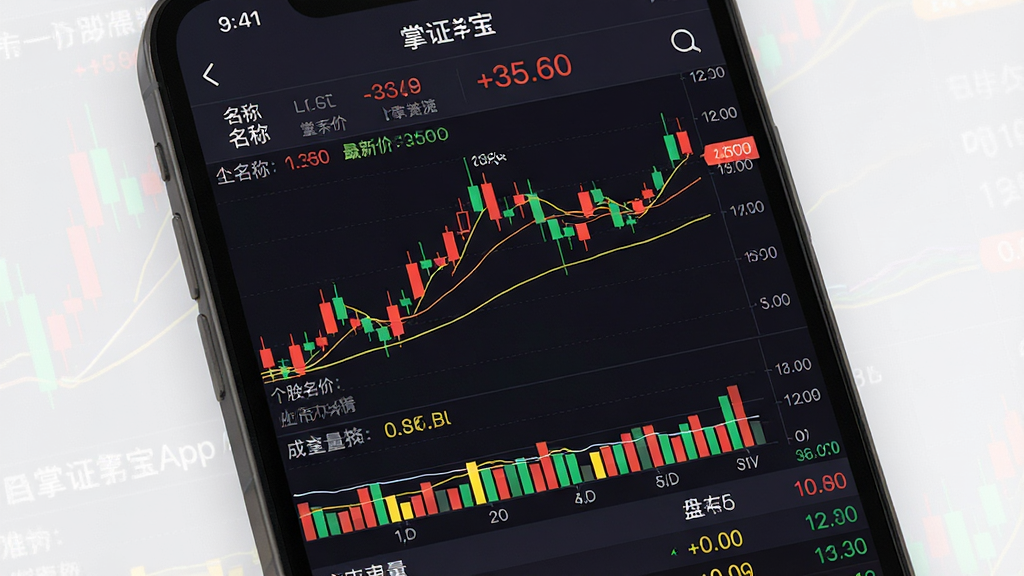 一张股票行情K线图界面图,主体为手机屏幕内展示掌证宝App的个股详情页,画面包含上方股票名称与最新价,中部为红绿相间的K线走势图与均线指标,下方为成交量柱状图与盘口数据列表,布局上下排列,风格专业金融风,配色以深色背景搭配红绿黄线条,细节上体现坐标轴刻度与指标参数,画质清晰,干净,无多余元素