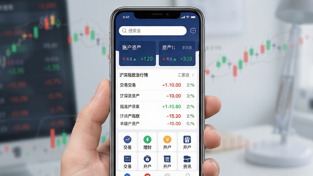 一张手机证券App界面展示图,画面主体是一部竖屏智能手机,屏幕内呈现掌证宝App首页布局,上方为搜索框与账户资产卡片,中部为沪深指数涨跌行情列表,下方为功能宫格入口,包含交易、理财、开户、资讯等图标,整体布局规整清晰,风格为现代金融科技风,配色以白色与深蓝色为主,细节上突出红绿涨跌数字与简洁图标,画质清晰,干净,无多余元素