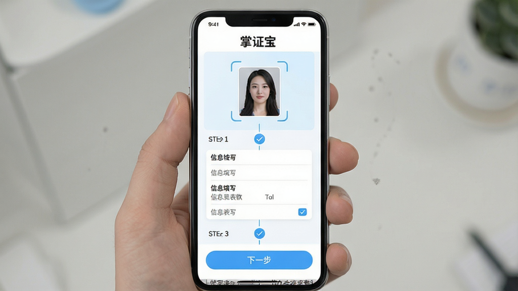 一张手机开户流程界面图,主体为手机屏幕展示掌证宝App的开户引导页,画面包含身份证拍摄框、信息填写表单与下一步按钮,布局为纵向步骤条排列,风格清新简洁,配色以白色与浅蓝色为主,细节上体现步骤序号与勾选图标,画质清晰,干净,无多余元素