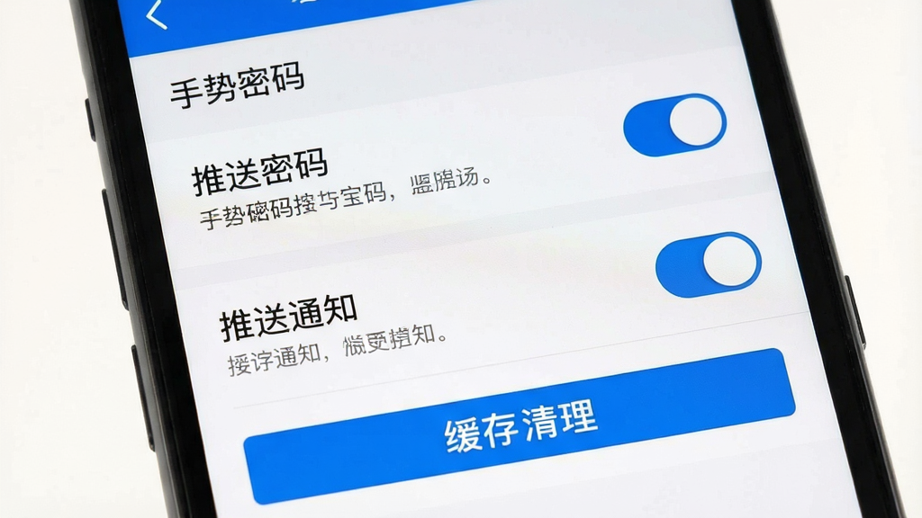 一张手机App设置界面图,主体为手机屏幕展示掌证宝App的安全设置页面,画面包含手势密码开关、推送通知开关与缓存清理按钮,布局为列表式排列,风格简洁实用,配色为白底灰线配蓝色开关,细节上体现分组标题与说明文字,画质清晰,干净,无多余元素