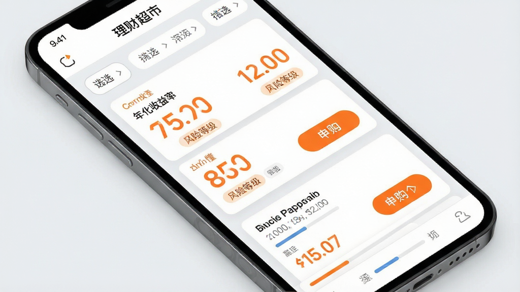 一张手机理财页面示意图,主体为手机屏幕展示掌证宝App理财超市列表,画面包含产品卡片、年化收益率数字、风险等级标签与申购按钮,布局为纵向卡片流排列,风格现代简约,配色以白色卡片配浅灰背景与橙色高亮数字,细节上体现筛选栏与进度条,画质清晰,干净,无多余元素