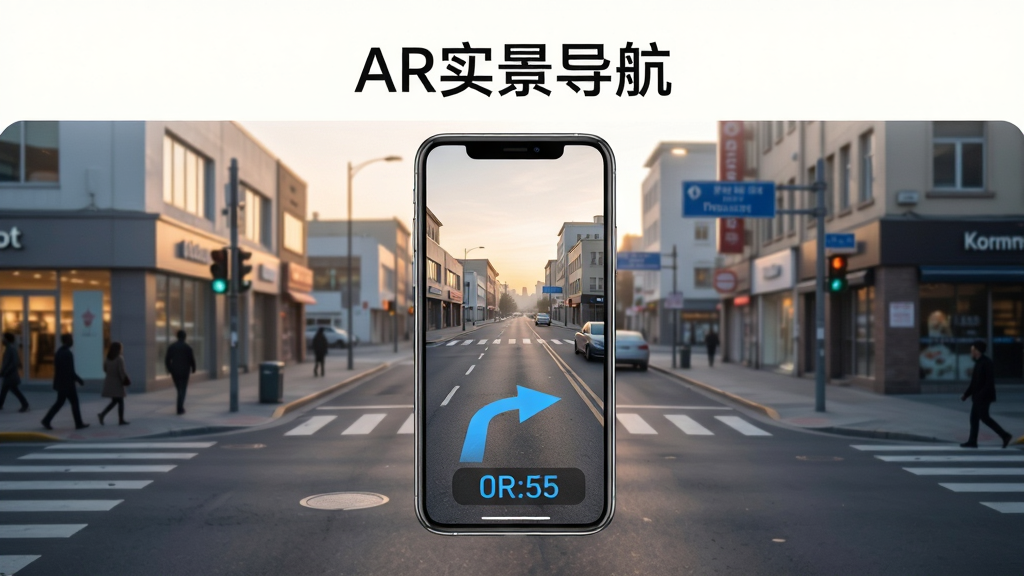 画面主体是一部竖屏智能手机,屏幕中显示真实街道画面并叠加蓝色转向箭头与距离数字,手机悬浮在城市路口上方,背景为清晨柔和光线的商业街区,布局采用中心构图手机占画面三分之一,上方留白放置“AR实景导航”五个字,风格为清爽科技感UI展示风,细节包含路面标线、行人剪影、路牌与楼宇轮廓,画质高清锐利,画面干净无多余元素