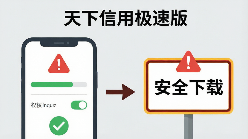 画面主体为一部手机与一块警示提示牌,手机屏幕上显示安装进度条与权限开关,提示牌上写有“安全下载”字样;布局为左手机右提示牌,二者之间用箭头连接;排版简洁,顶部放置“天下信用极速版”名称;风格为扁平警示插画;细节包括红色感叹号图标、绿色对勾、浅灰背景;画质清晰,画面干净,无多余元素