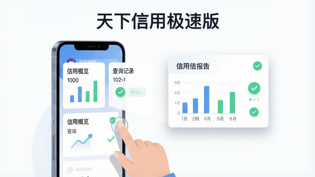 画面主体为一部手机与悬浮的信用报告卡片,卡片上标注“信用概览”“查询记录”等模块,手机旁有手指点击动作;布局为左右分布,手机居左、报告卡片向右展开;排版疏朗,顶部放置“天下信用极速版”字样;风格为清新商务插画;细节包含数据条形图、对勾图标、浅色投影;画质清晰,背景干净,无多余元素