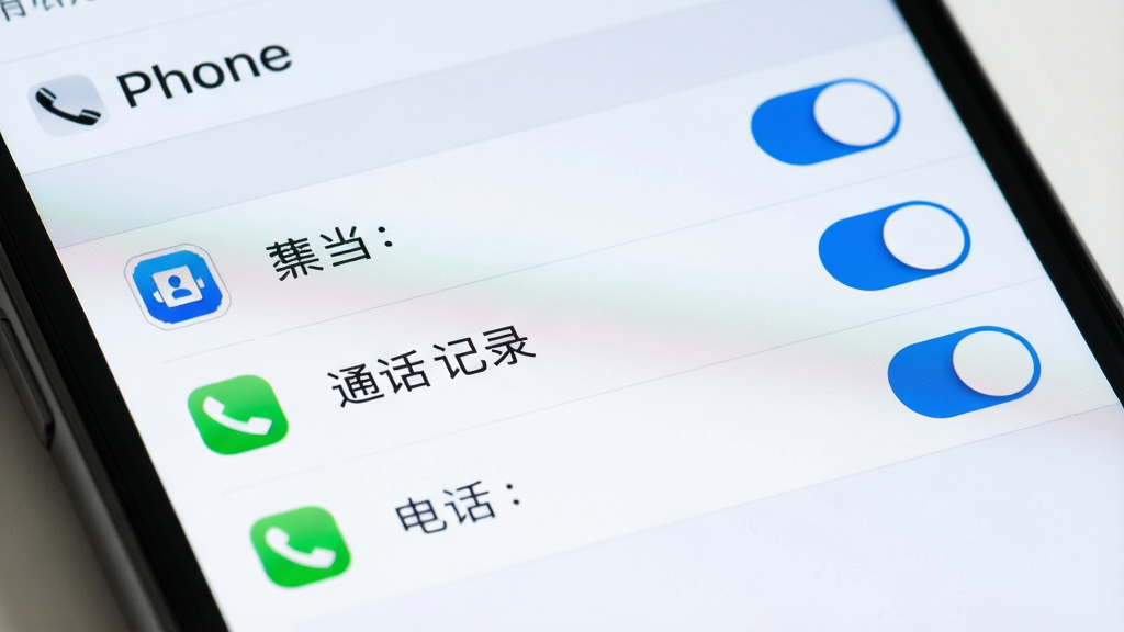 画面主体是手机权限管理设置界面特写,屏幕显示“Phone”应用的权限开关列表,布局为纵向排列的权限项与开关按钮,风格为清爽浅色商务风,细节包含通讯录、通话记录、电话权限图标、蓝色开启状态开关、顶部“Phone”应用名称,画质清晰、干净、无多余元素