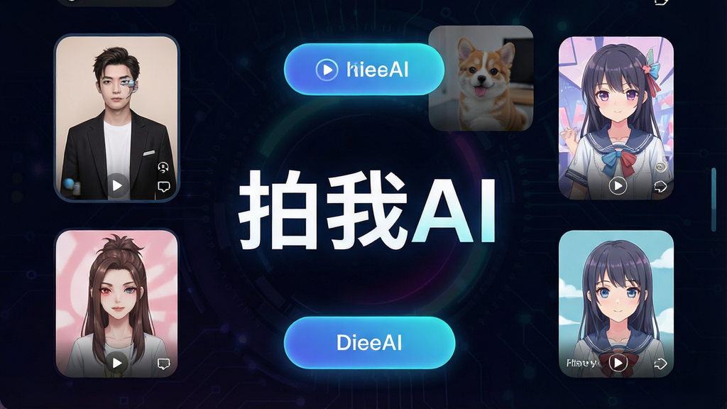 一张手机屏幕界面展示AI视频创作应用的主页,画面中央是「拍我AI」四个大字,周围环绕多个视频特效模板缩略图,包括人物变身、宠物拟人、二次元风格等,背景为深色渐变科技感风格,整体布局清晰、排版居中,细节上带有发光按钮与圆角卡片,画质干净高清,无多余元素
