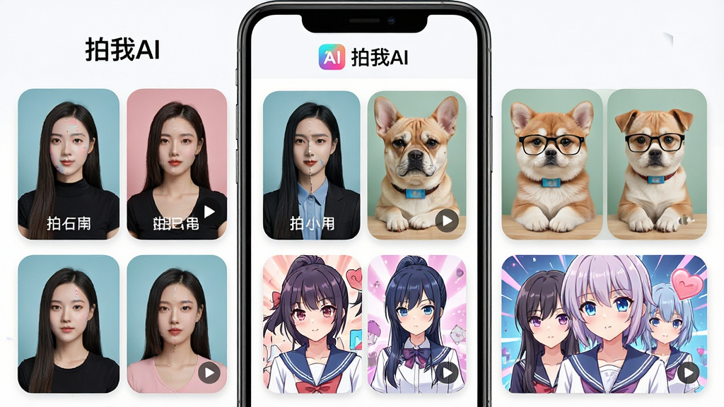一张展示「拍我AI」特效模板库的手机界面图,画面中整齐排列着多个视频模板卡片,卡片上分别呈现人物变装前后对比、宠物拟人化、动漫风格转换等效果,界面顶部有「拍我AI」标识,整体采用圆角卡片布局,配色清新明亮,画质清晰干净,无杂乱元素