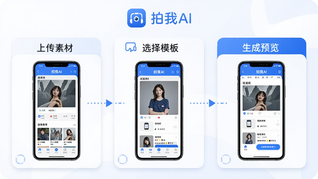 一张展示「拍我AI」移动端操作流程的示意图,画面分为上传素材、选择模板、生成预览三个步骤卡片,每张卡片配有手机界面缩略图,顶部有「拍我AI」标识,整体采用浅色背景与蓝色强调色,排版横向排列,细节清晰,画质干净,无多余元素
