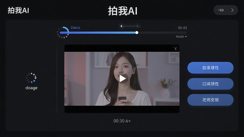一张表现「拍我AI」视频生成过程的界面图,画面中央显示进度条与渲染中的视频预览窗口,周围有「拍我AI」字样和简洁的操作按钮,风格为深色科技感,布局上下分区清晰,细节上带有加载动画与时间提示,画质干净高清,无多余装饰
