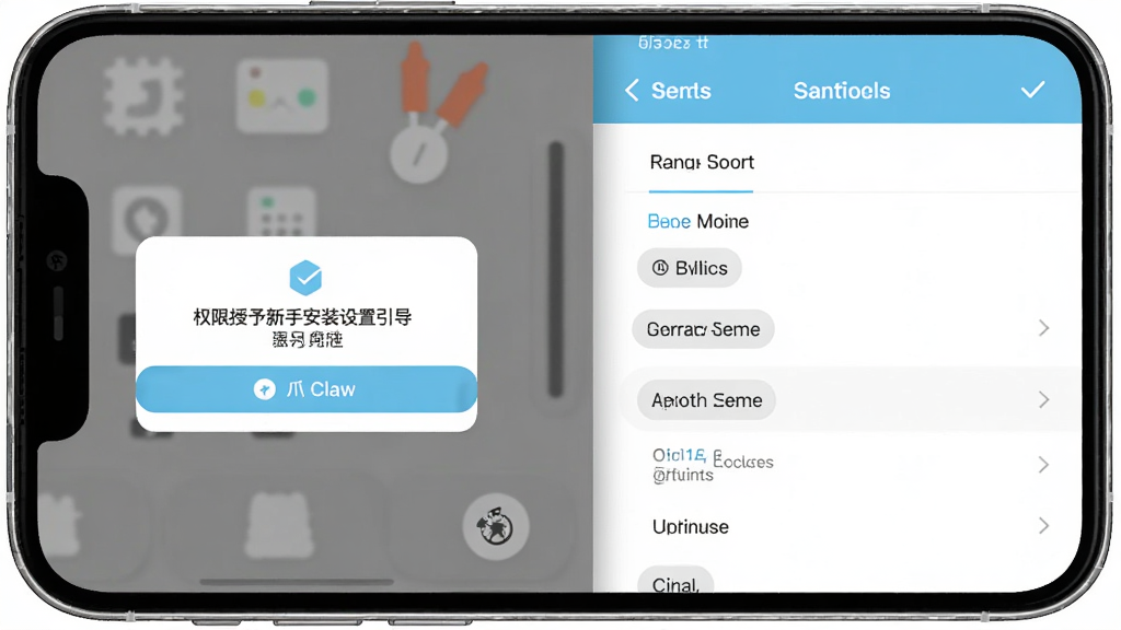 台爪Claw新手安装设置引导界面示意图,手机屏幕显示权限授予提示弹窗与设置选项列表,配色为白色与浅蓝色,风格简洁明快,布局清晰,画质干净