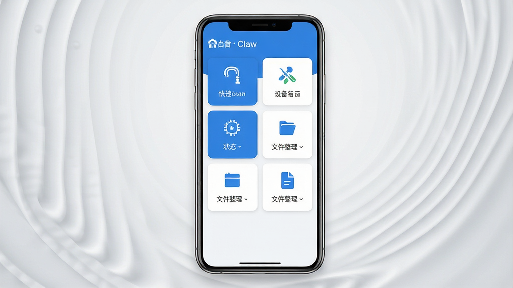 一张展示台爪Claw软件主界面的手机屏幕效果图,画面中央为手机正视图,屏幕内呈现简洁的工具卡片式布局,包含快捷指令、设备状态、文件整理等模块图标,整体采用蓝白配色,背景为浅灰色渐变,风格清爽现代,细节清晰,画质干净,无多余元素