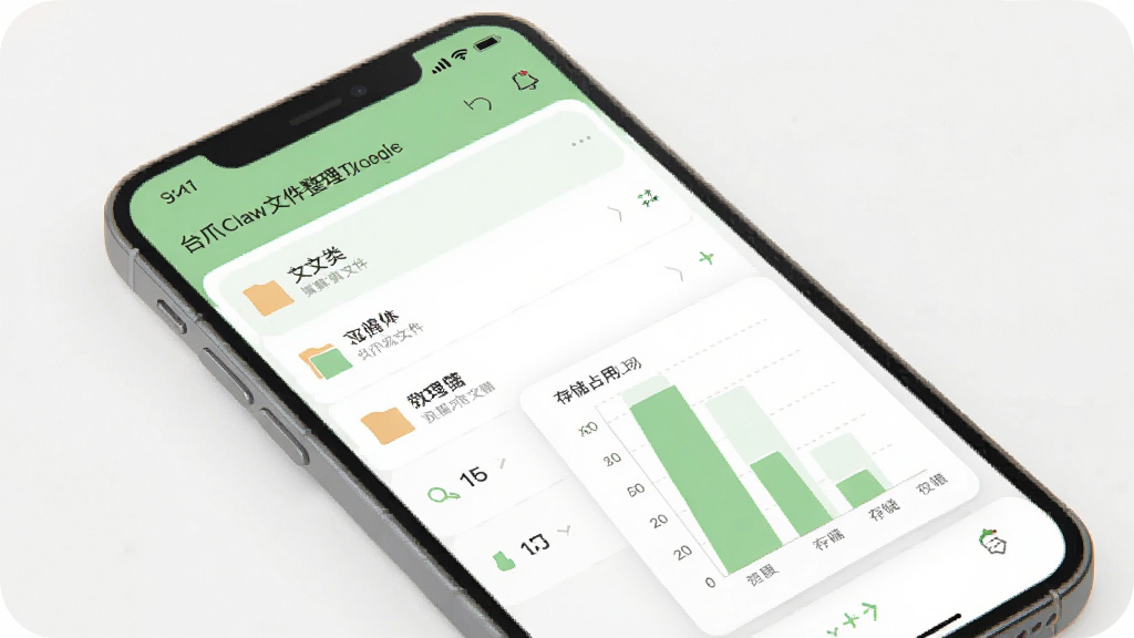 台爪Claw文件整理功能界面示意图,手机屏幕内显示分类文件列表与存储占用条形图,配色为浅绿与白色搭配,风格简约清新,布局清晰,画质干净,无多余装饰