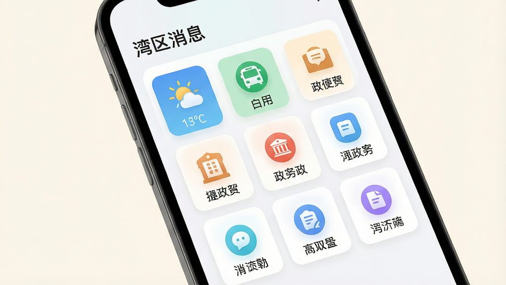 主体为手机界面中的便民服务功能面板,面板上标注“湾区消息”名称,布局为九宫格图标排列,排版整齐,风格为清新浅色卡片风,细节包含天气图标、交通图标、政务图标及文字标签,画质清晰,背景为柔和米白色,画面干净,无多余元素