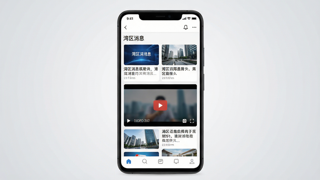主体为一部竖屏安卓手机,屏幕上显示资讯类应用首页界面,顶部有“湾区消息”文字标识,下方为图文资讯卡片与视频播放窗口,布局居中对称,排版干净利落,风格为现代扁平化UI展示,细节包含状态栏图标、底部导航栏、内容缩略图与标题文字,画质清晰锐利,背景为浅灰渐变纯色,画面干净,无多余元素