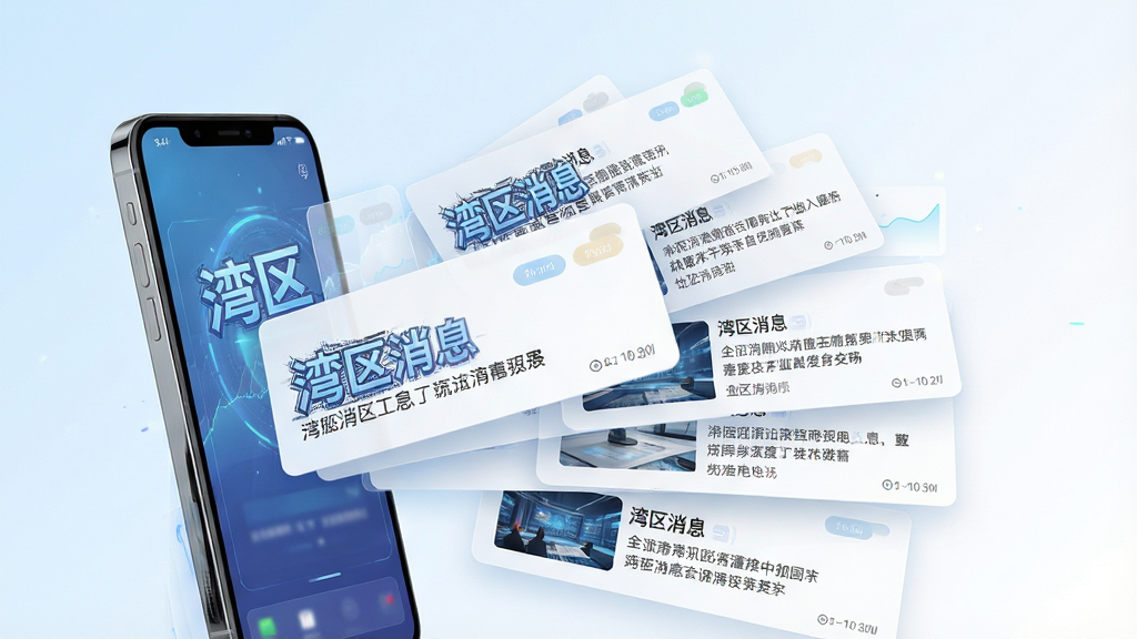 主体为一组悬浮排列的资讯卡片与手机屏幕组合,卡片上带有“湾区消息”字样,布局为左侧手机右侧信息流卡片发散展开,排版层次分明,风格为科技感信息图表风,细节包含分类标签、时间戳、缩略图与标题线条,画质高清,背景为浅蓝到白色渐变,画面干净,无多余元素