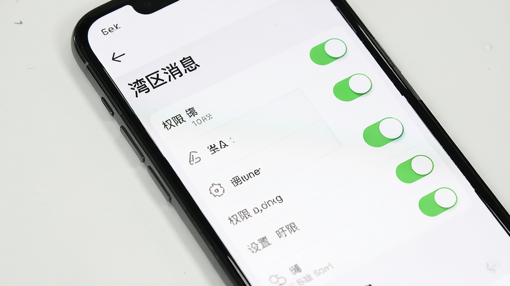 主体为手机屏幕展示应用设置页面,页面上有“湾区消息”标题与权限开关列表,布局为纵向列表式,排版清晰,风格为简洁工具类界面风,细节包含开关按钮、设置项文字、返回箭头,画质清晰,背景为纯白,画面干净,无多余元素