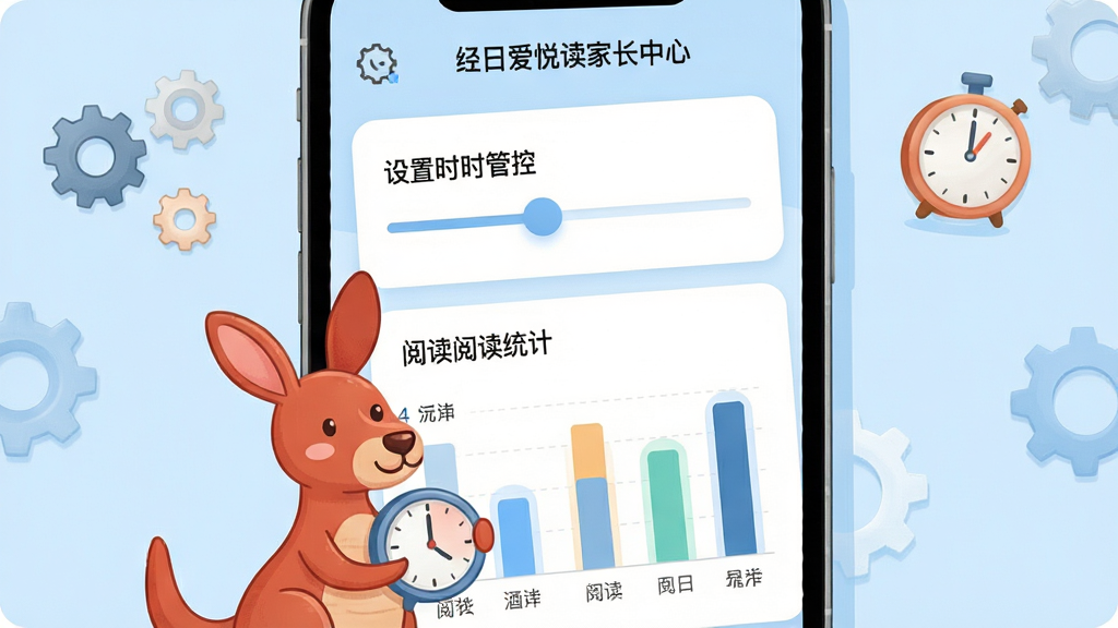 一张展示红袋鼠爱悦读家长中心设置界面的画面,主体为手机屏幕特写,屏幕内显示时长管控滑块与阅读统计柱状图,一只卡通红袋鼠拿着时钟站在屏幕左下方,布局采用正面平视构图,排版突出设置选项列表与数据图表,风格为清爽简洁的工具类UI插画风,细节包括柔和的浅蓝色背景、清晰的图标与文字层级、屏幕外散落的齿轮与时钟小元素,画质高清,画面干净,无多余元素