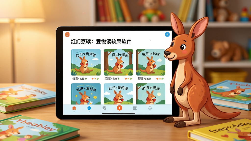 一张展示红袋鼠爱悦读软件界面的场景图,画面主体为平板电脑横屏展示绘本阅读页面,一只卡通红袋鼠形象站在屏幕旁,布局采用居中构图,平板电脑置于木质桌面,周围散落几本彩色儿童绘本,排版突出软件首页的绘本封面网格与底部导航栏,风格为明亮温馨的儿童插画风,细节包括柔和的暖色灯光、背景虚化的儿童书架、屏幕内清晰的文字与插画内容,画质高清,画面干净,无多余装饰元素
