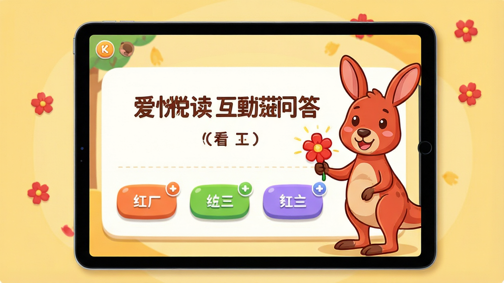 一张展示红袋鼠爱悦读互动问答界面的画面,主体为平板电脑屏幕,屏幕内显示一道绘本相关的看图选择题,三个选项按钮色彩鲜明,一只卡通红袋鼠举着小红花站在屏幕右侧,布局采用正面平视构图,排版突出题目区域与奖励动画效果,风格为明快卡通的UI插画风,细节包括屏幕周围飘落的小红花、柔和的暖黄色背景、清晰的按钮圆角与阴影,画质高清,画面干净,无多余装饰