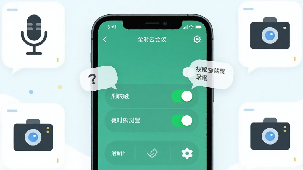画面主体为一部手机屏幕展示全时云会议的权限设置引导页面,布局为手机居中、周围环绕麦克风与摄像头图标,风格为清新扁平插画,细节包括权限开关按钮、提示气泡、设置齿轮图标等元素,画质清晰干净,图片中文字标注“全时云会议”